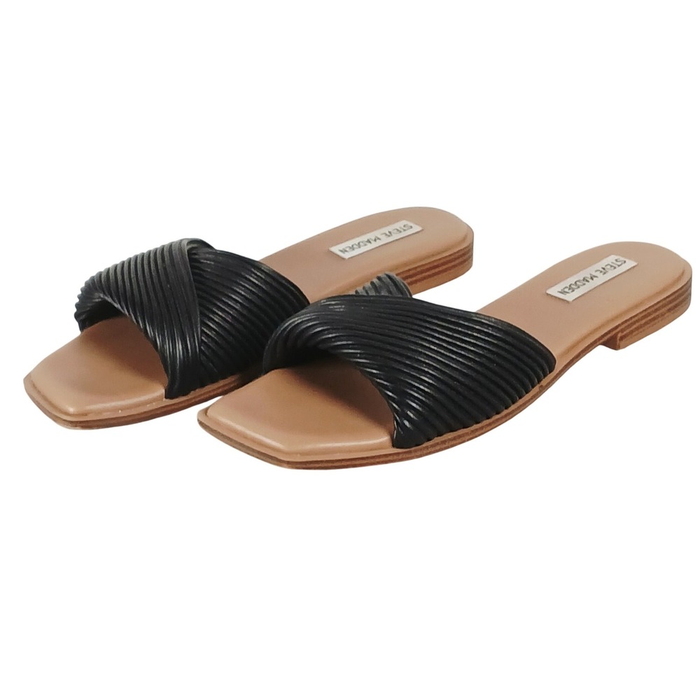 Steve Madden Limitt Puffy Black Pleated Crossover Square Toe Slide Sandals 8.5